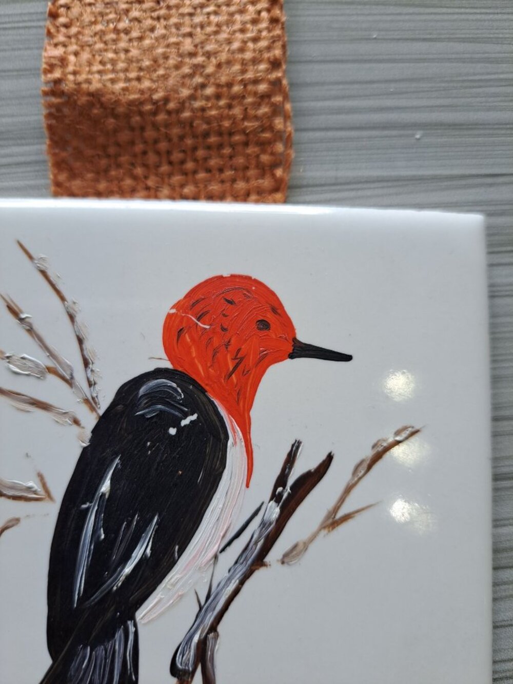 Hand-Painted Ceramic Red Headed Woodpecker Wall Tile Signed Wall Hanging - Picture 5 of 11
